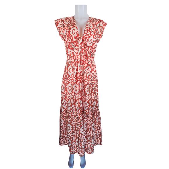 BB Dakota Orange White Tribal Ruffle Bottom Women Summer Vacation Maxi Dress M - Picture 1 of 5